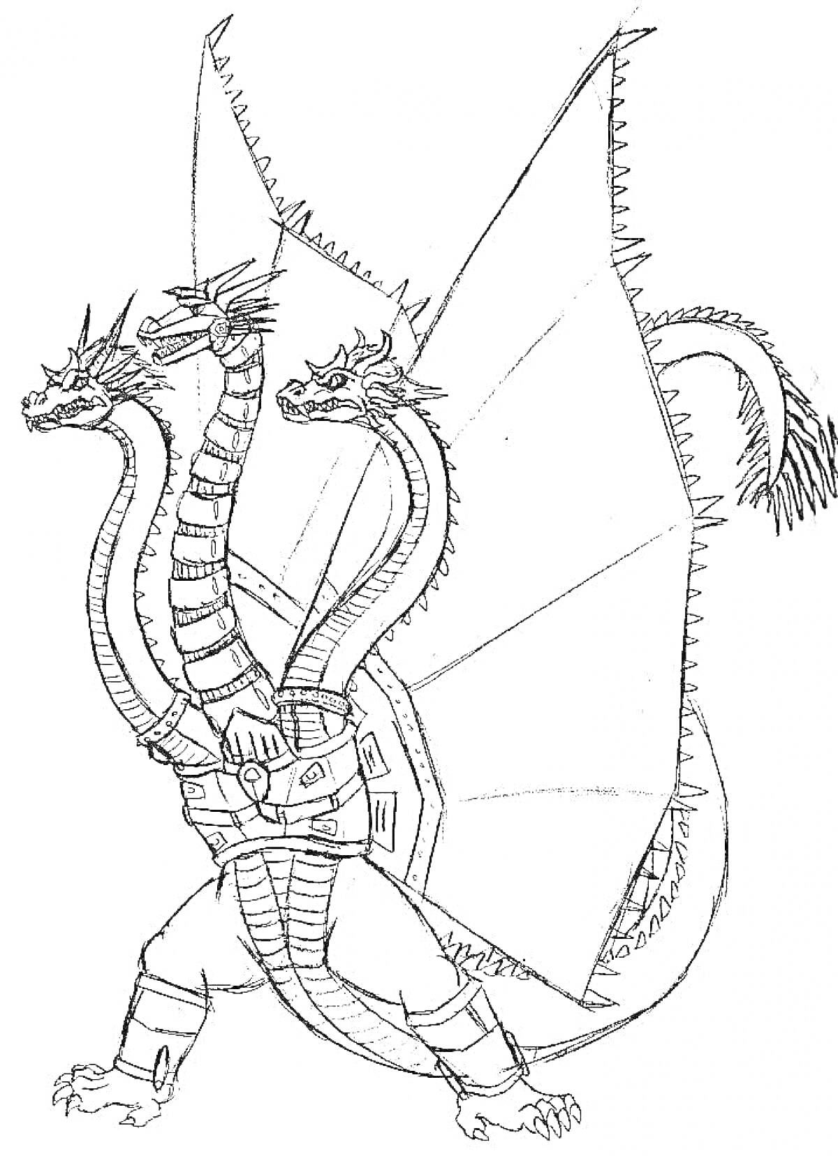 Раскраска Трёхголовый дракон с крыльями в кольчуге