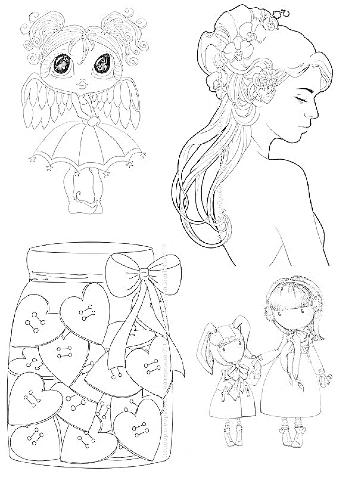 Девчачьи прикольные картинки для личного дневника (ангелочек с зонтиком, девушка с цветами в волосах, банка с сердечками, куклы в платьях с длинными волосами)