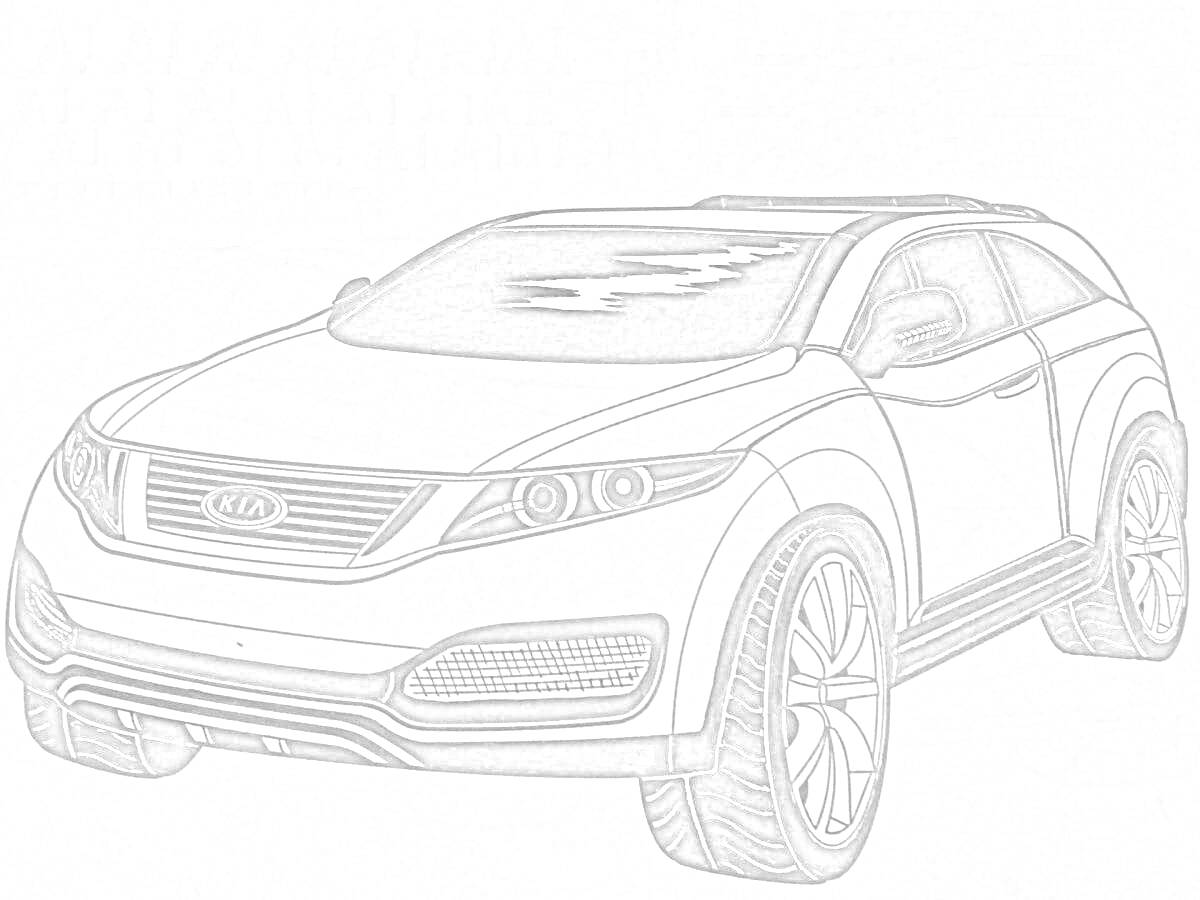 Раскраска KIA Sorento, передний вид, автомобиль, внедорожник, колеса, фары, решетка радиатора, логотип KIA, зеркала, линии кузова, стекла