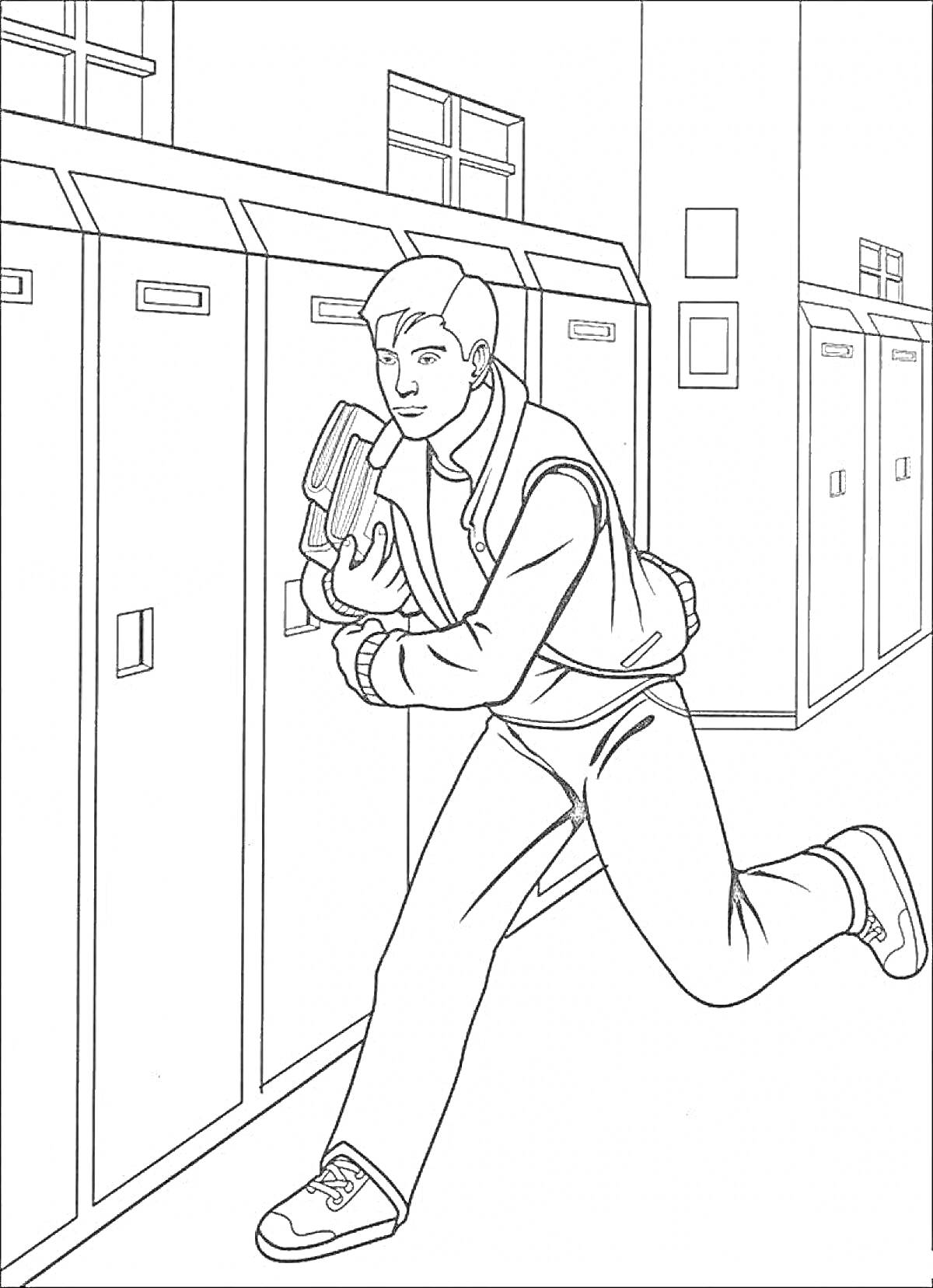 Раскраска Питер Паркер спешит по коридору школы, держит книги в руках, рядом шкафчики для хранения