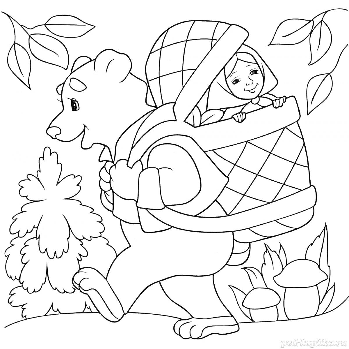 Раскраска Медведь несет корзину с девушкой, на заднем плане елочка, грибы и листья