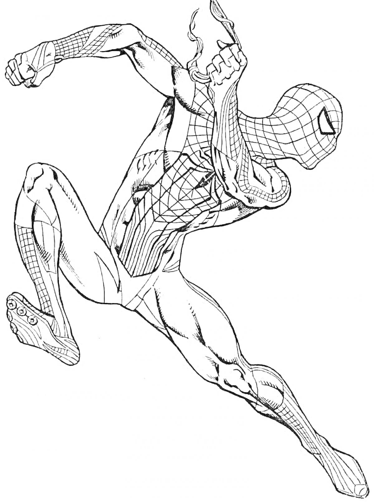 Раскраска Человек-паук в прыжке с паутиной, костюм с сетчатым узором