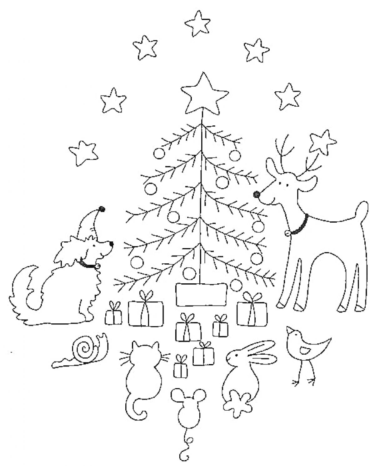 Раскраска Christmas Tree with Dog, Reindeer, Gifts, Stars, Snail, Cat, Mouse, Rabbit, and Bird