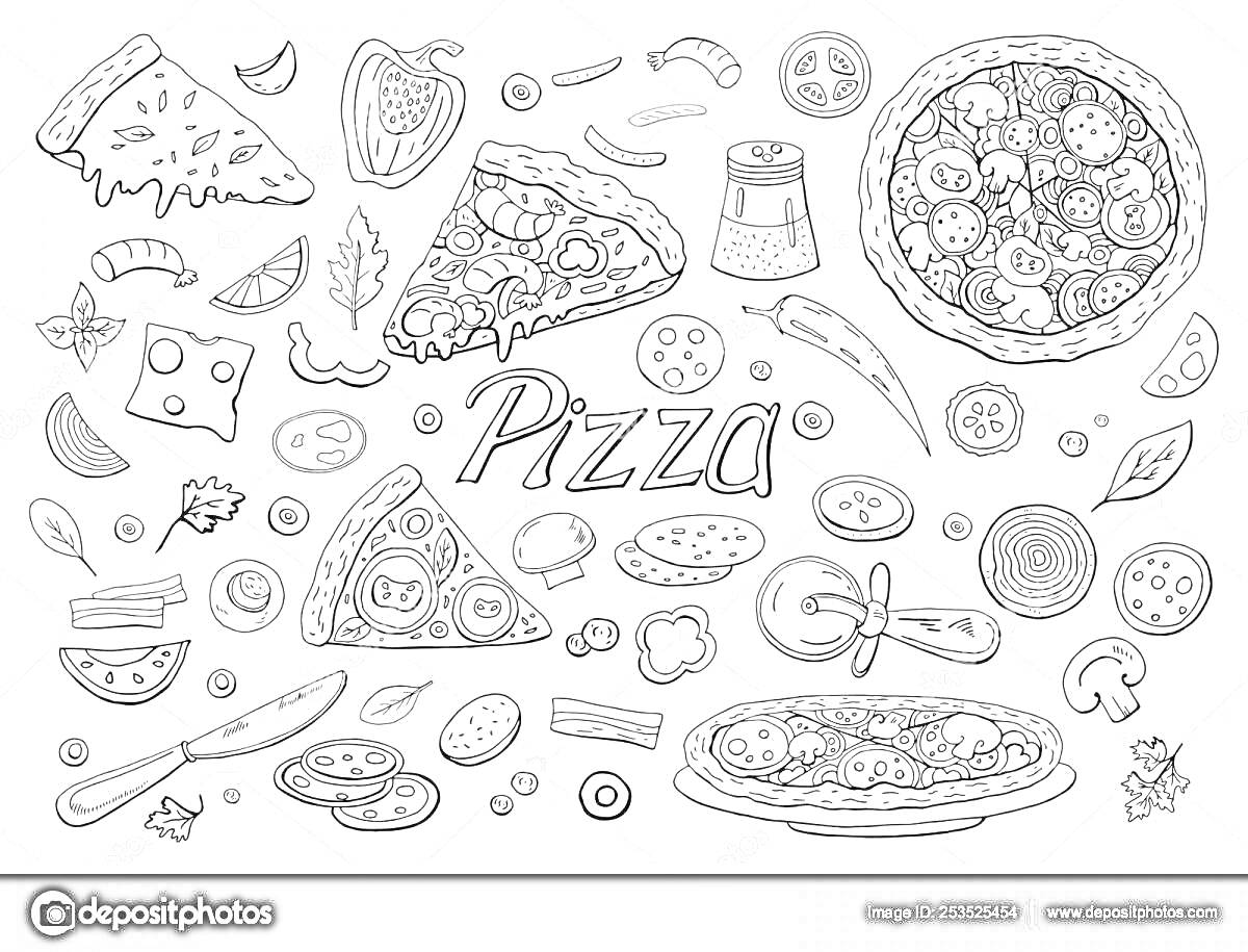 На раскраске изображено: Пицца, Ингредиенты, Еда, Сыр, Лук, Перец, Оливки, Нож, Чеснок, Базилик, Колбаса