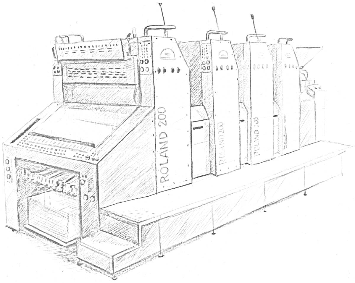 Раскраска Типографская офсетная печатная машина ROLAND 200 с панелями управления и печатными секциями