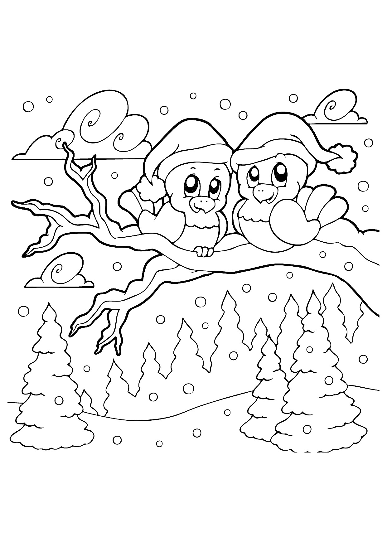 Две совы в шапках Санты на ветке дерева зимой, снежинки, елки и облака на заднем плане