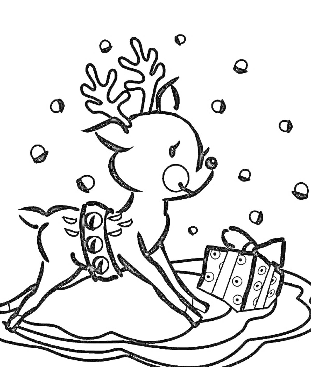 Раскраска Новогодний олень на снегу с подарком и падающими снежинками