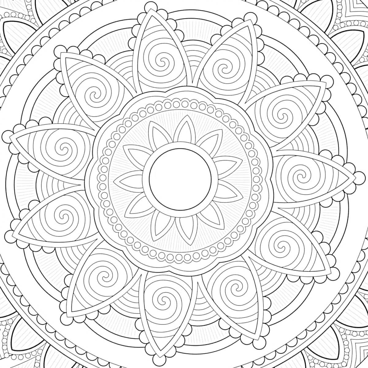 Раскраска Антистресс раскраска с центральным кругом, лепестками, спиралями и узорами