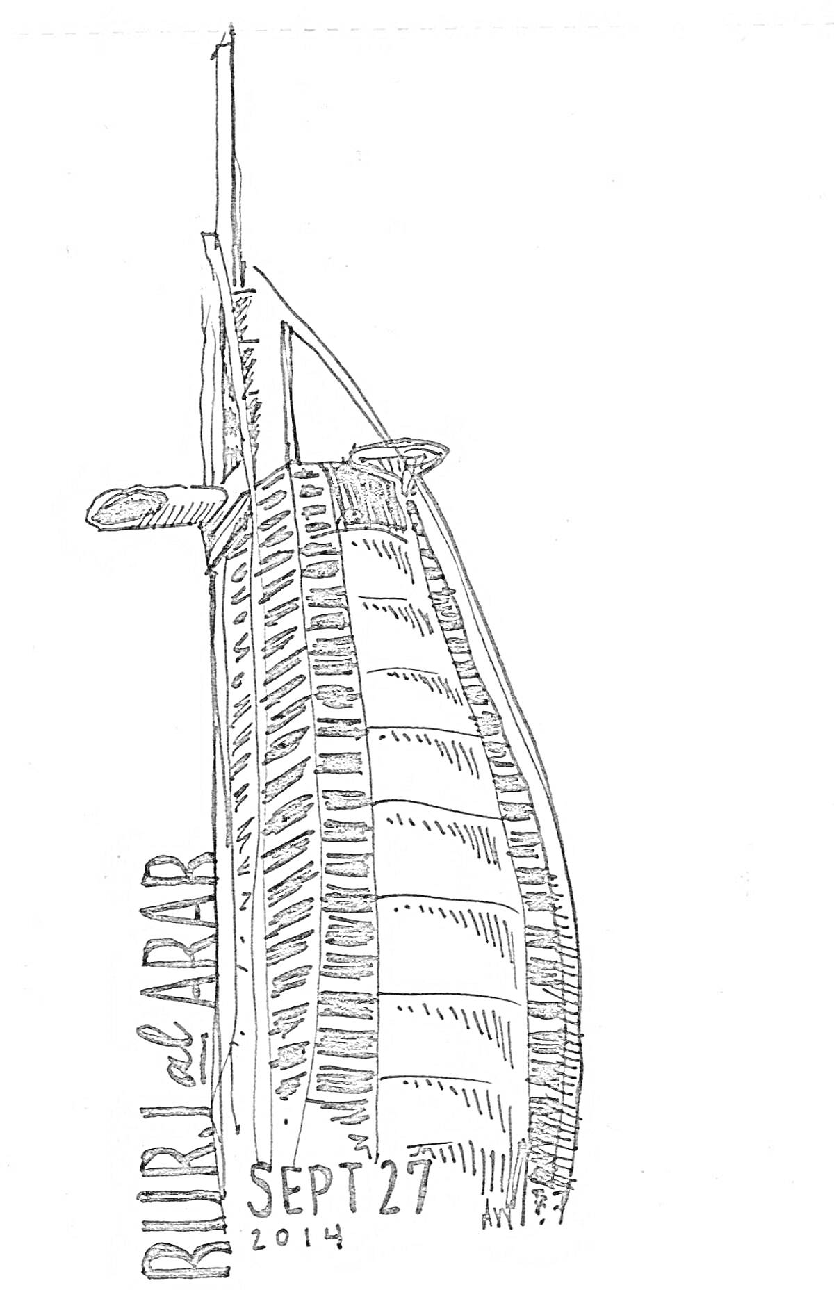 Раскраска Раскраска с изображением Бурдж Аль Араб, дата 