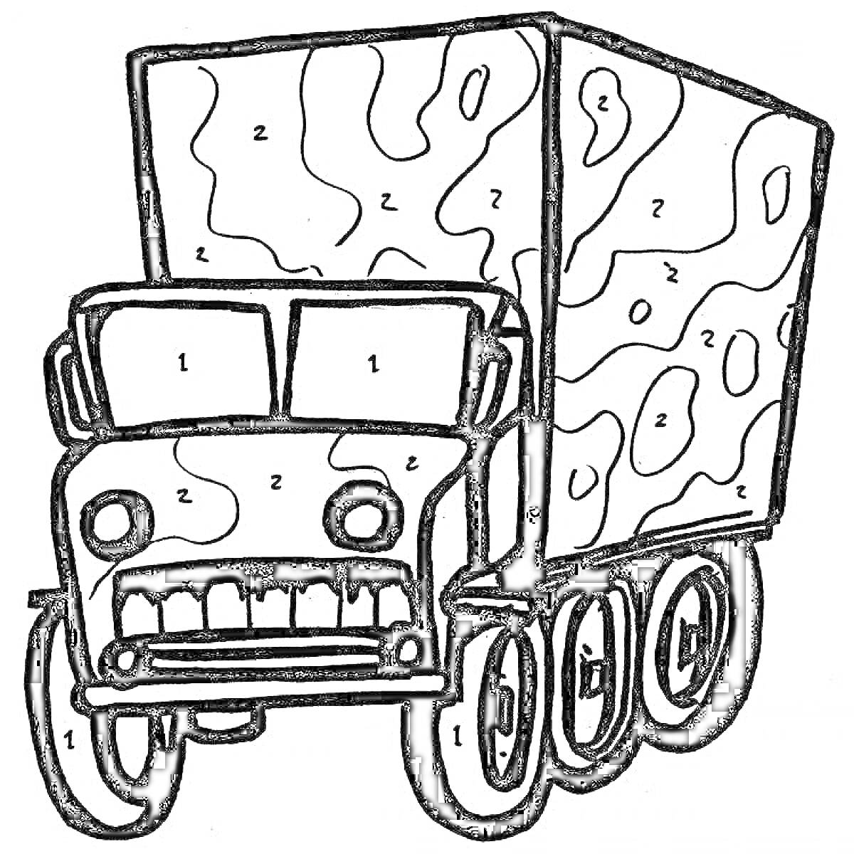 Раскраска Военный грузовик с камуфляжным кузовом