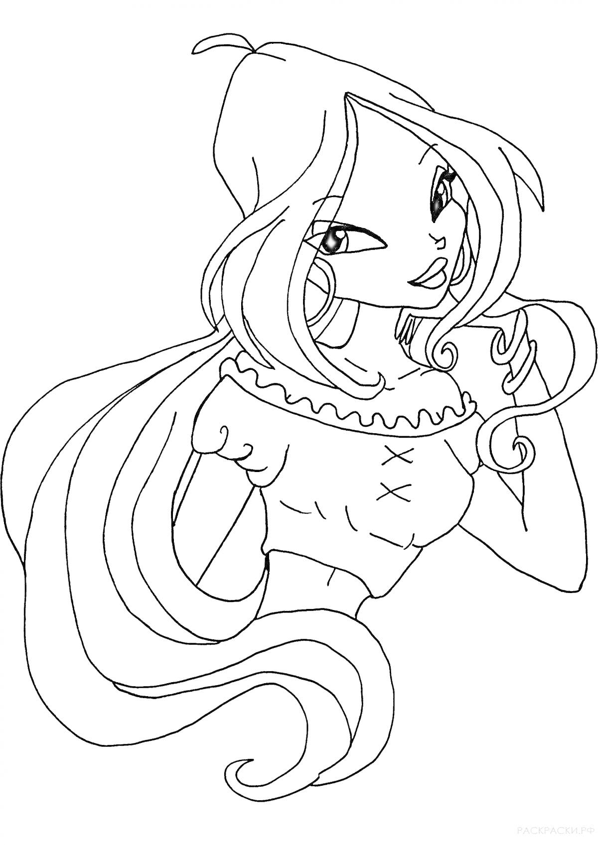 Раскраска Девушка с длинными распущенными волосами в топе с короткими рукавами и кружевами