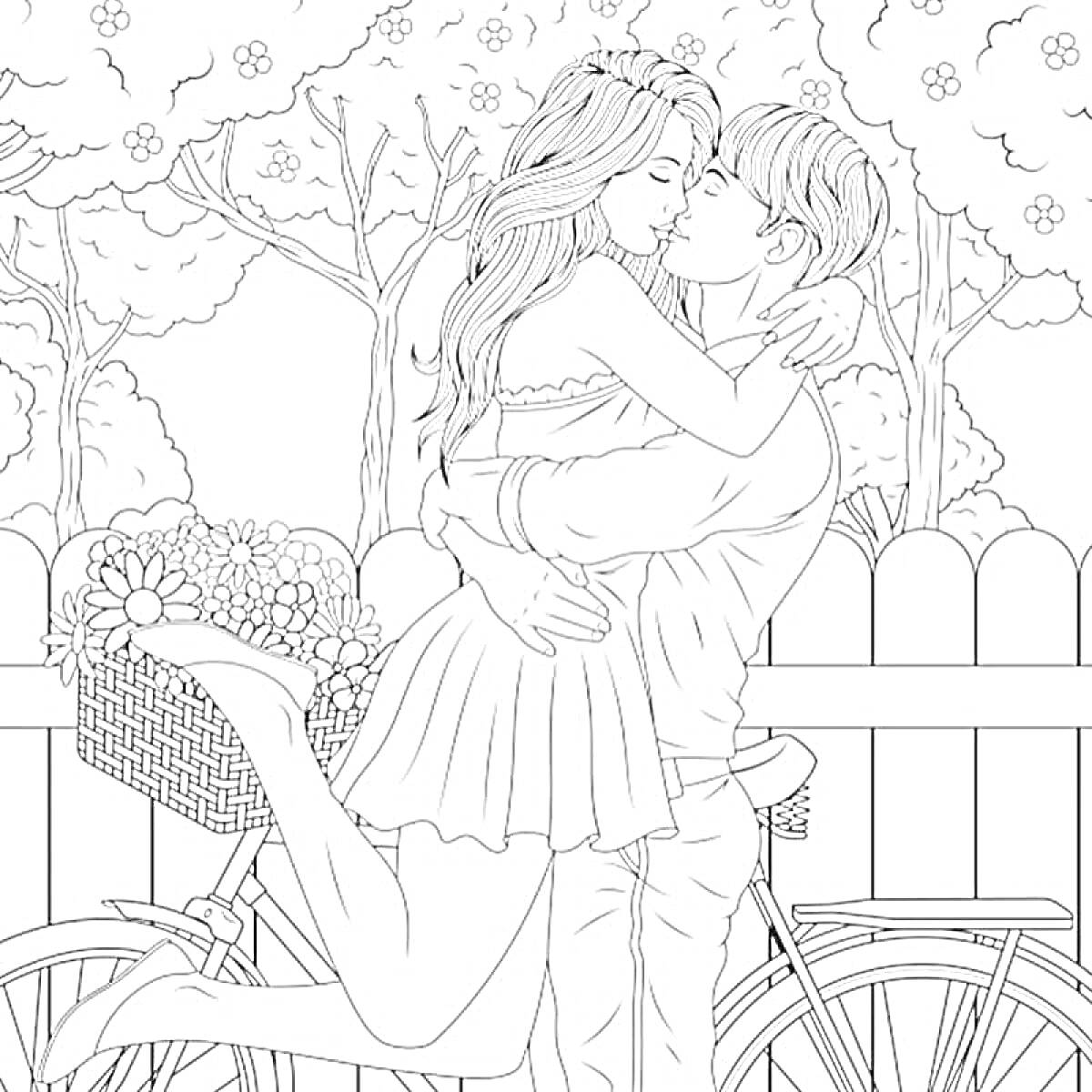 Раскраска Пара влюблённых обнимается рядом с велосипедом и цветами на фоне забора и деревьев