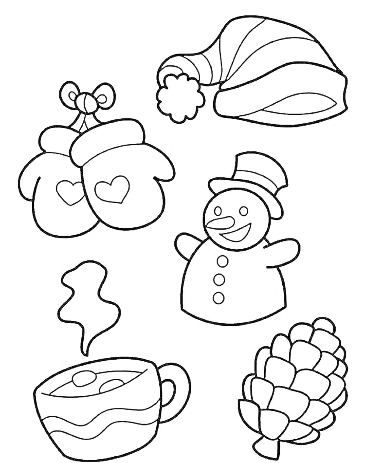 На раскраске изображено: Зима, Шапка, Горячий напиток, Для детей, Варежка, Снеговики, Шишки