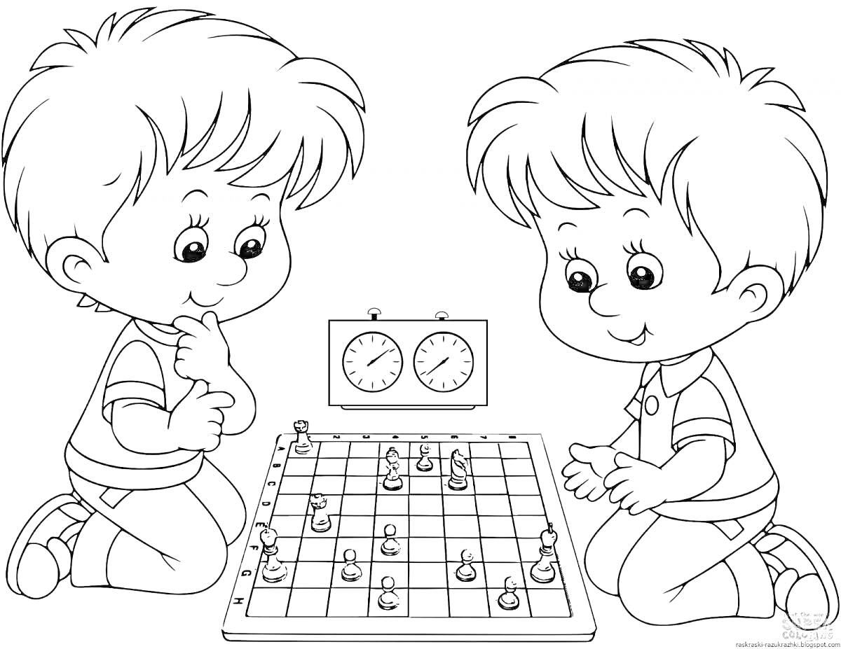 Раскраска дети, играющие в шахматы, с часами