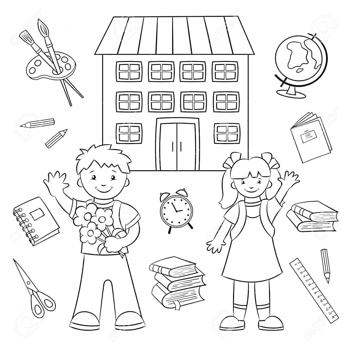 Раскраска Школьный двор с детьми, школьное здание, глобус, краски с кисточками, ножницы, книги, линейка, будильник, карандаши, цветы, тетради