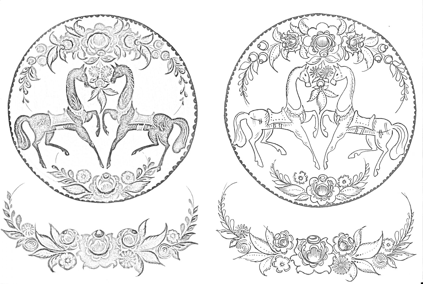 Раскраска Городецкая тарелка с мотивами – два коня, цветы, листья, орнамент