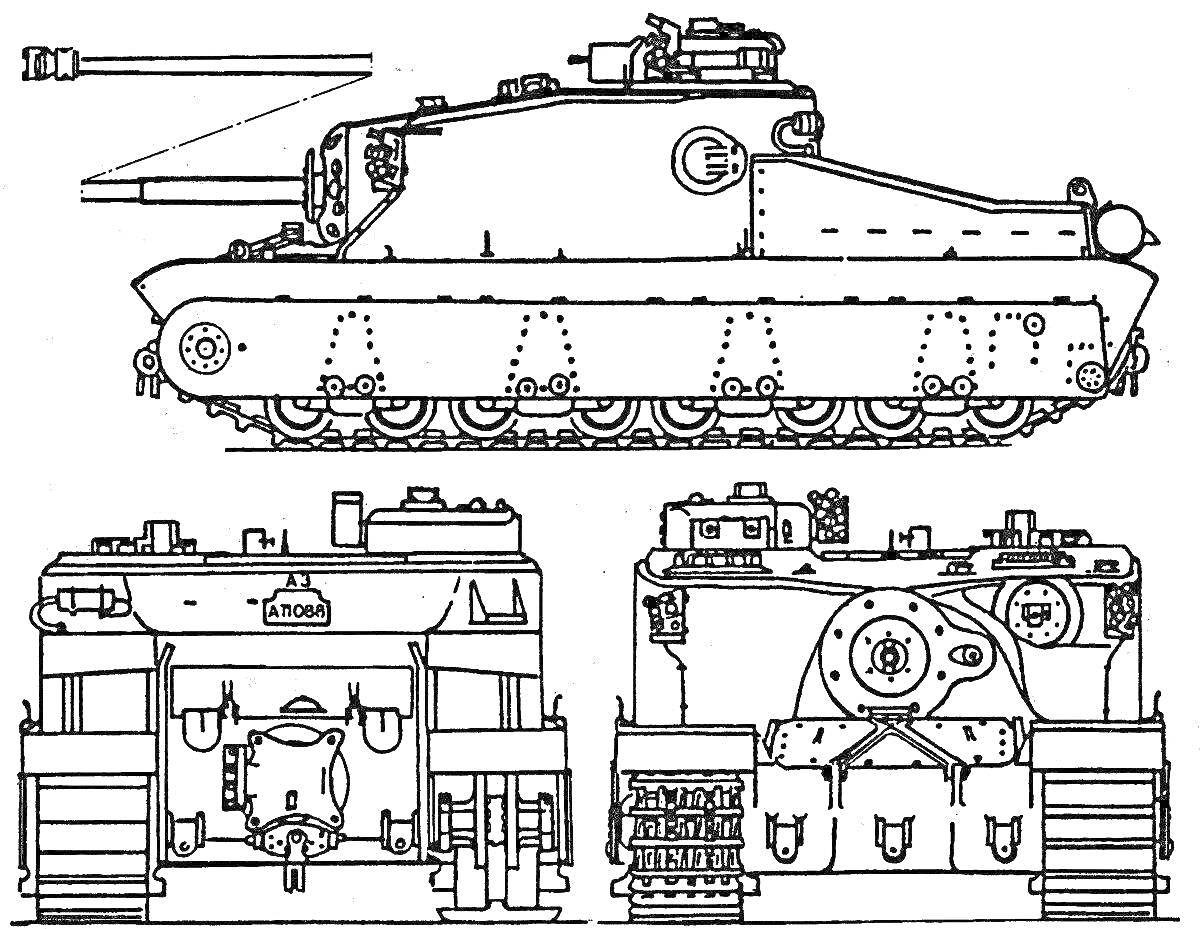 Раскраска Схема танка Т-35 с видоразом сбоку, спереди и сзади, с деталями корпуса, гусеницами, пушкой и башней