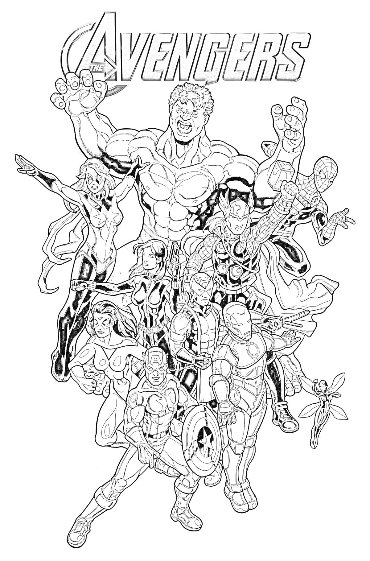 На раскраске изображено: Мстители, Финал, Халк, Тор, Человек-паук, Железный Человек, Черная вдова, Сокол, Оса, Супергерои, Комиксы