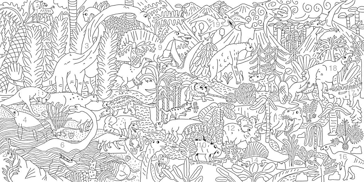 Раскраска Джунгли с динозаврами и животными: тираннозавры, диплодоки, деревья, кусты, река, рыбки, птицы, горы