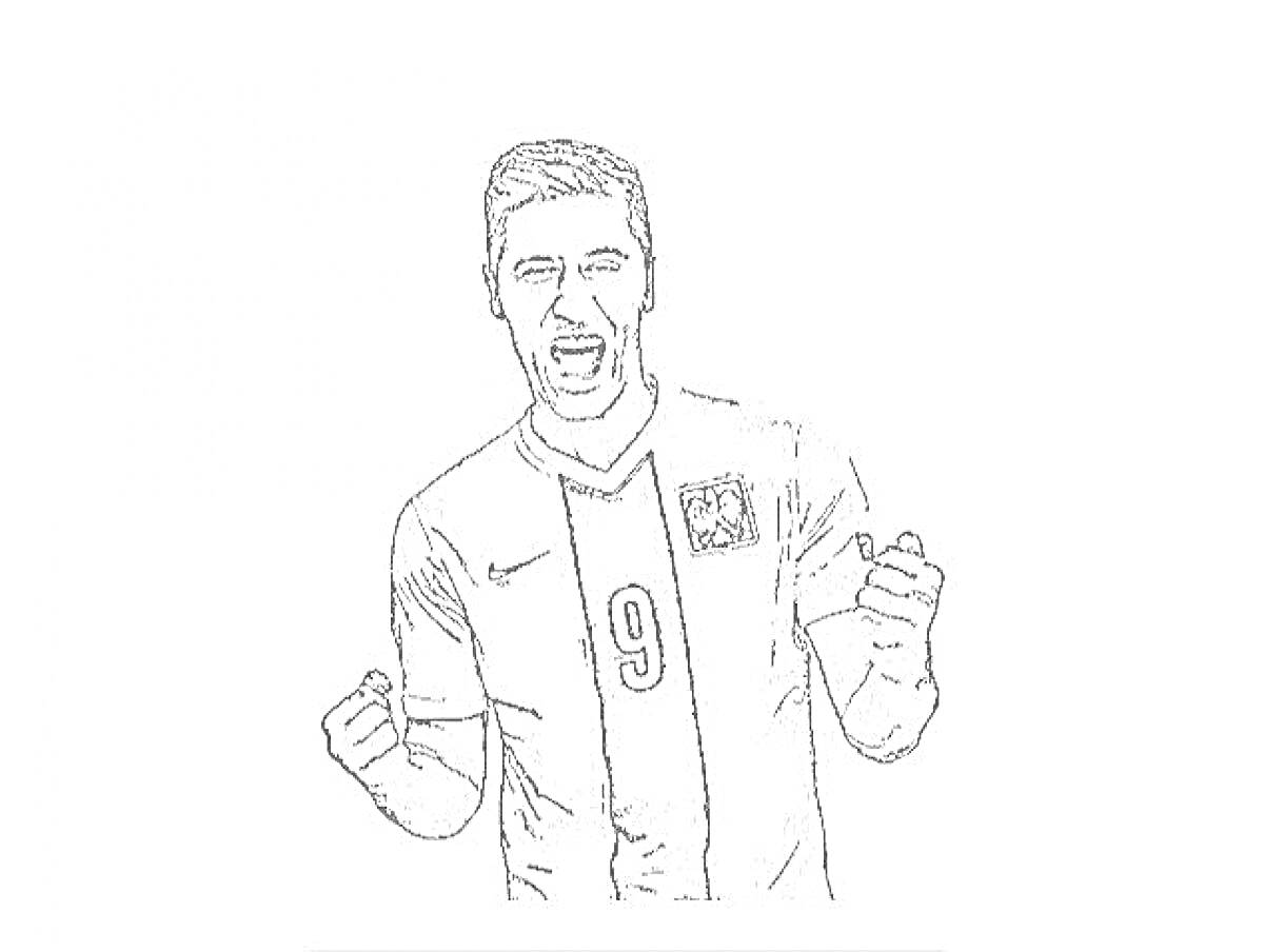 Раскраска Футболист в футболке с номером девять, кричащий и сжимающий кулаки