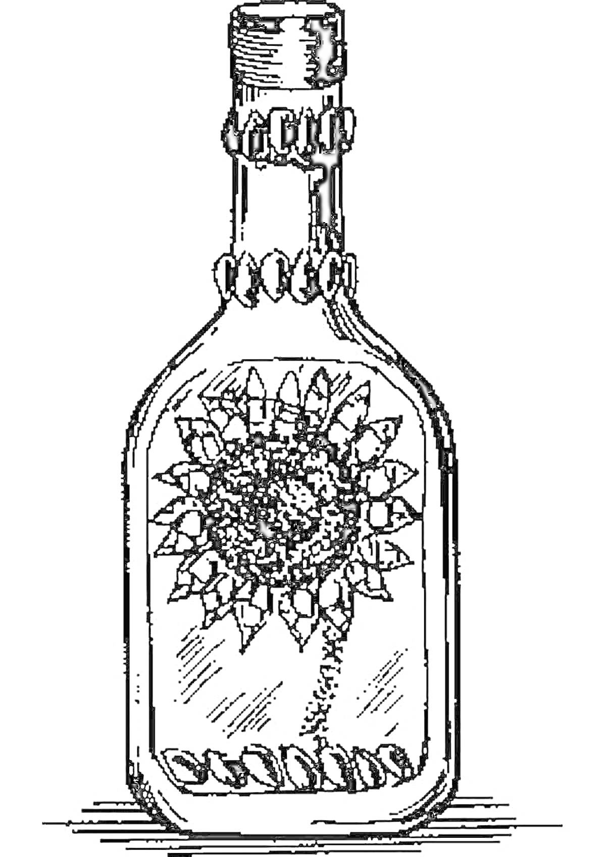 Раскраска бутылка с растительным маслом, украшенная изображением подсолнечника и подсолнечными семечками