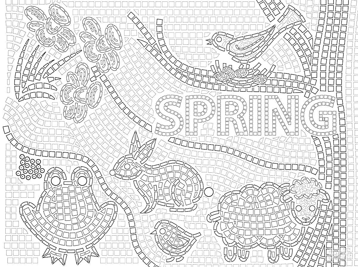 На раскраске изображено: Весна, Мозаика, Кролик, Цветы, Природа