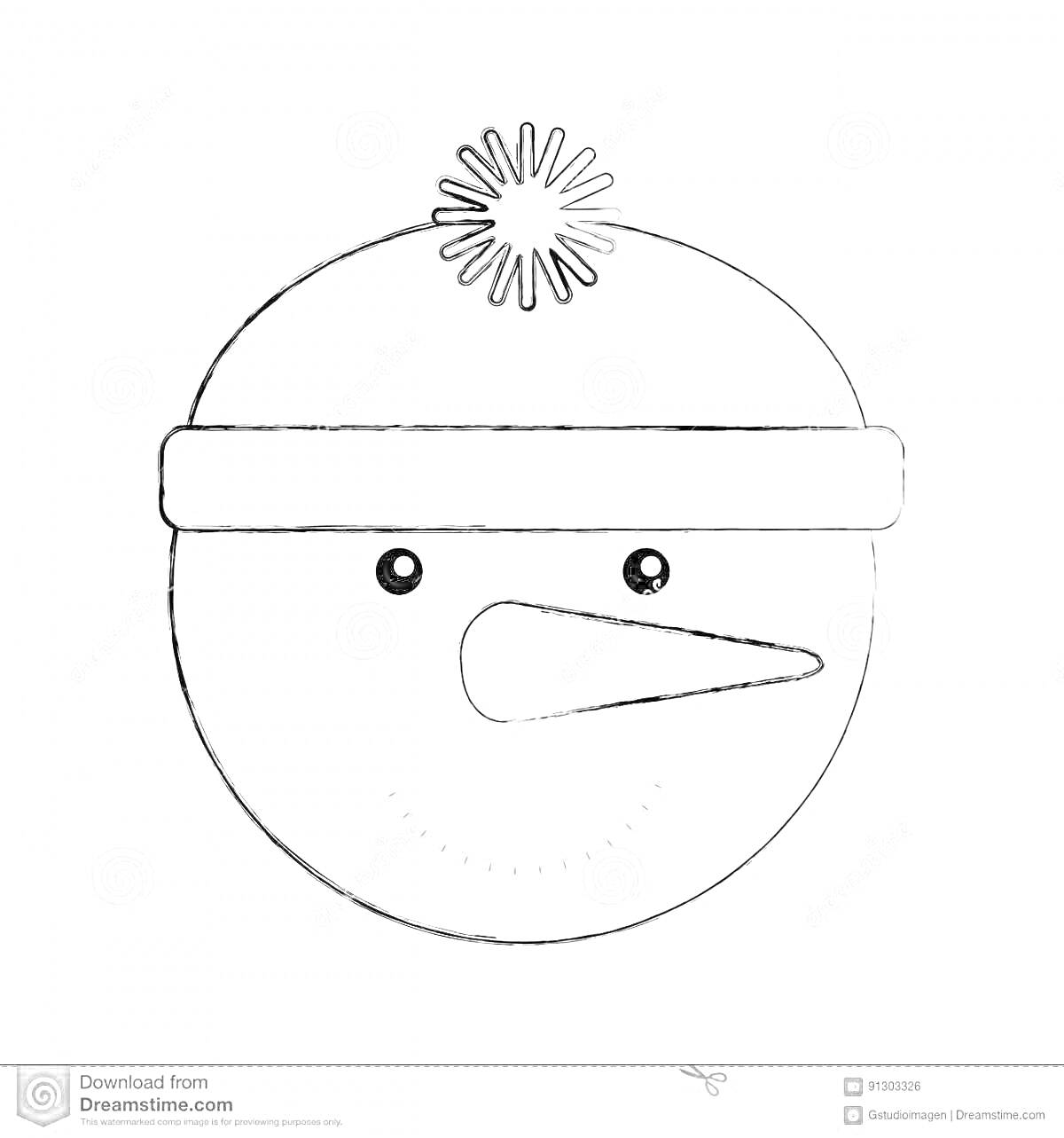 На раскраске изображено: Маска, Шапка с помпоном, Морковный нос, Глаза, Зима