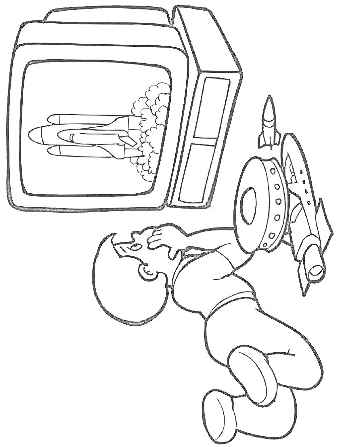 На раскраске изображено: Мальчик, Телевизор, Ракета, Старт, Маска, Полет, Космос