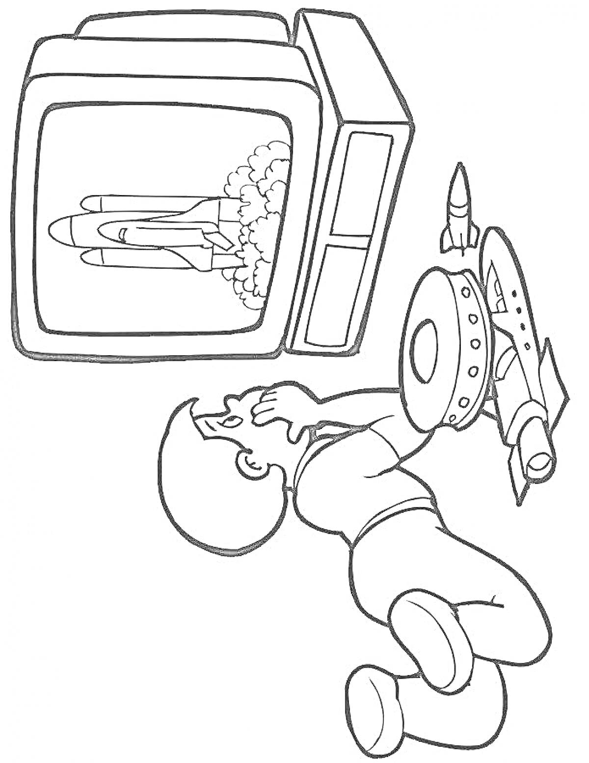 Раскраска Мальчик в маске смотрит на старт ракеты по телевизору.