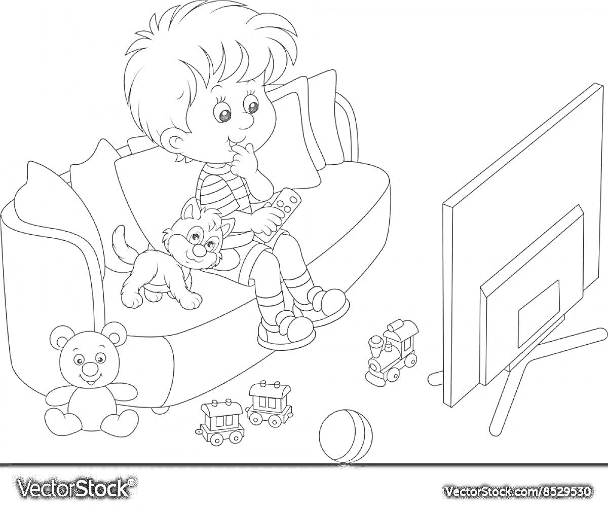 На раскраске изображено: Мальчик, Пульт, Кот, Диван, Телевизор, Игрушки, Домашняя обстановка