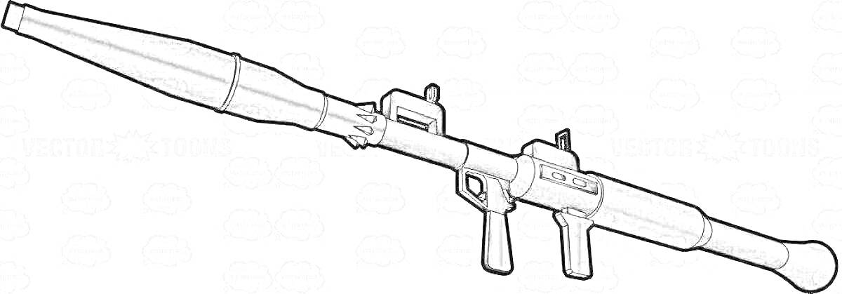 На раскраске изображено: Базука, Ручное оружие, Военное оружие, Ракетная установка, Рукоятки, Глушитель
