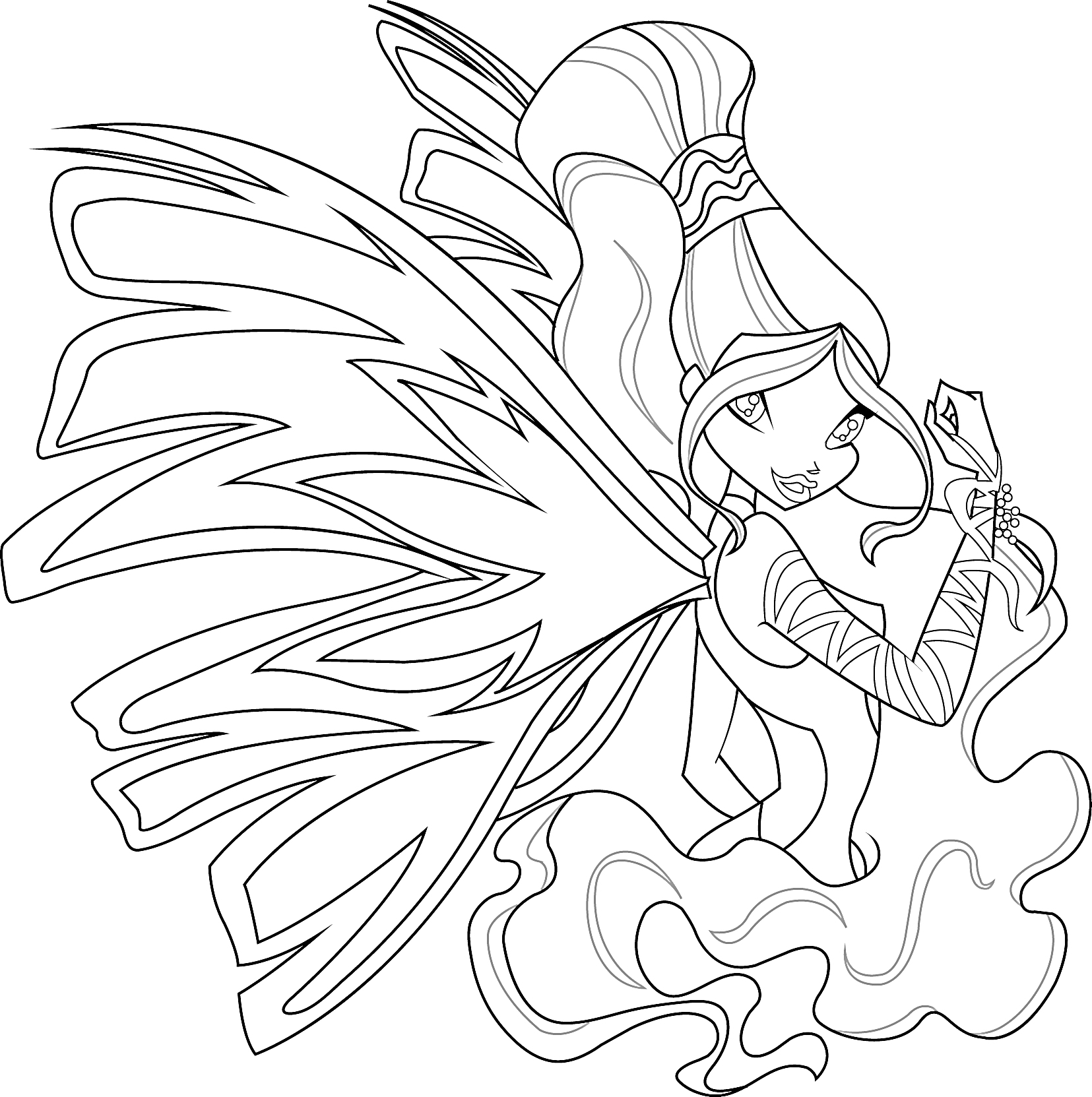 Раскраска Фея Винкс Сиреникс с длинными волосами, крыльями и в платье с узорами, позирует в движении под водой