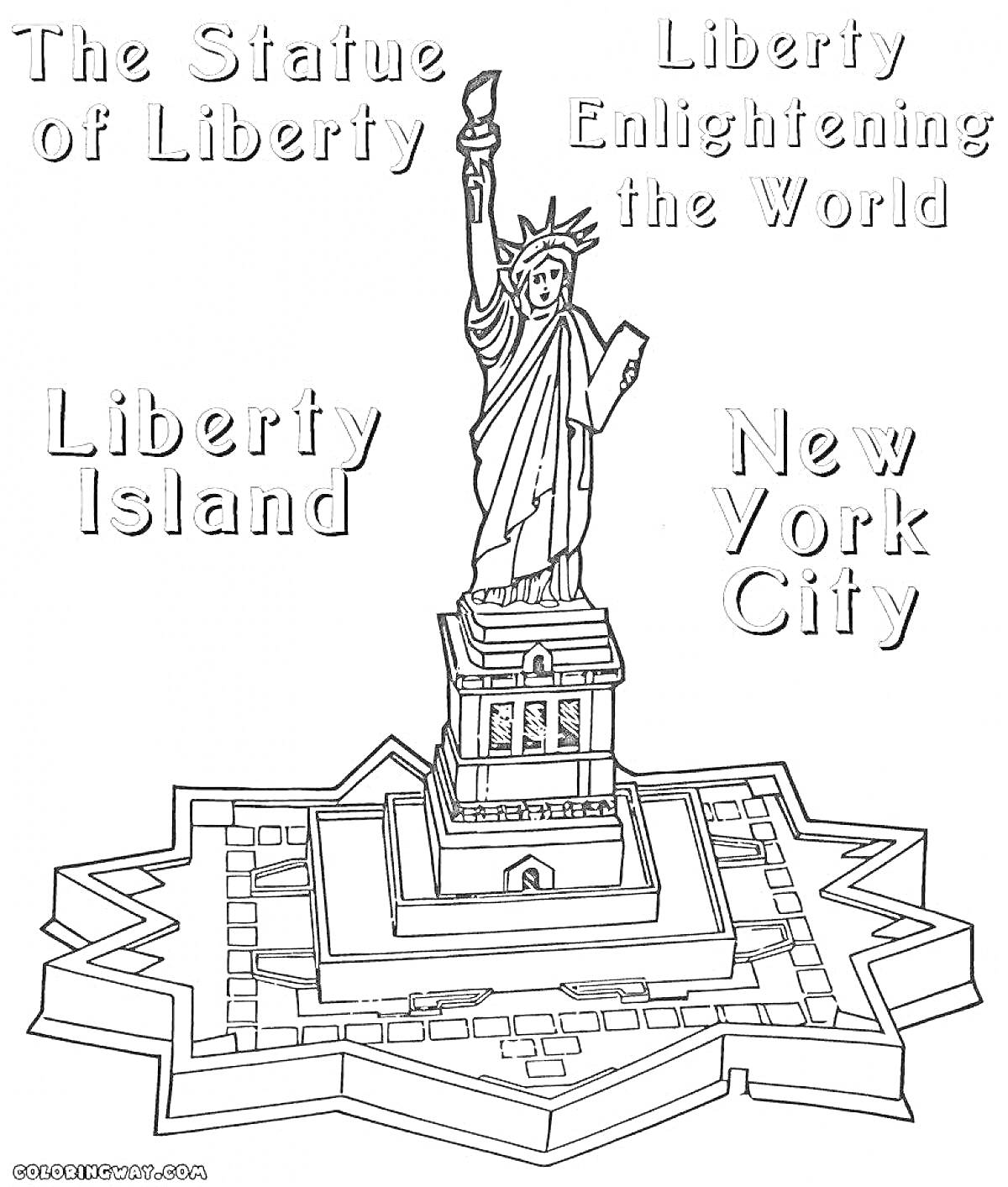 На раскраске изображено: Статуя Свободы, Нью-Йорк, Памятники, Архитектура, США