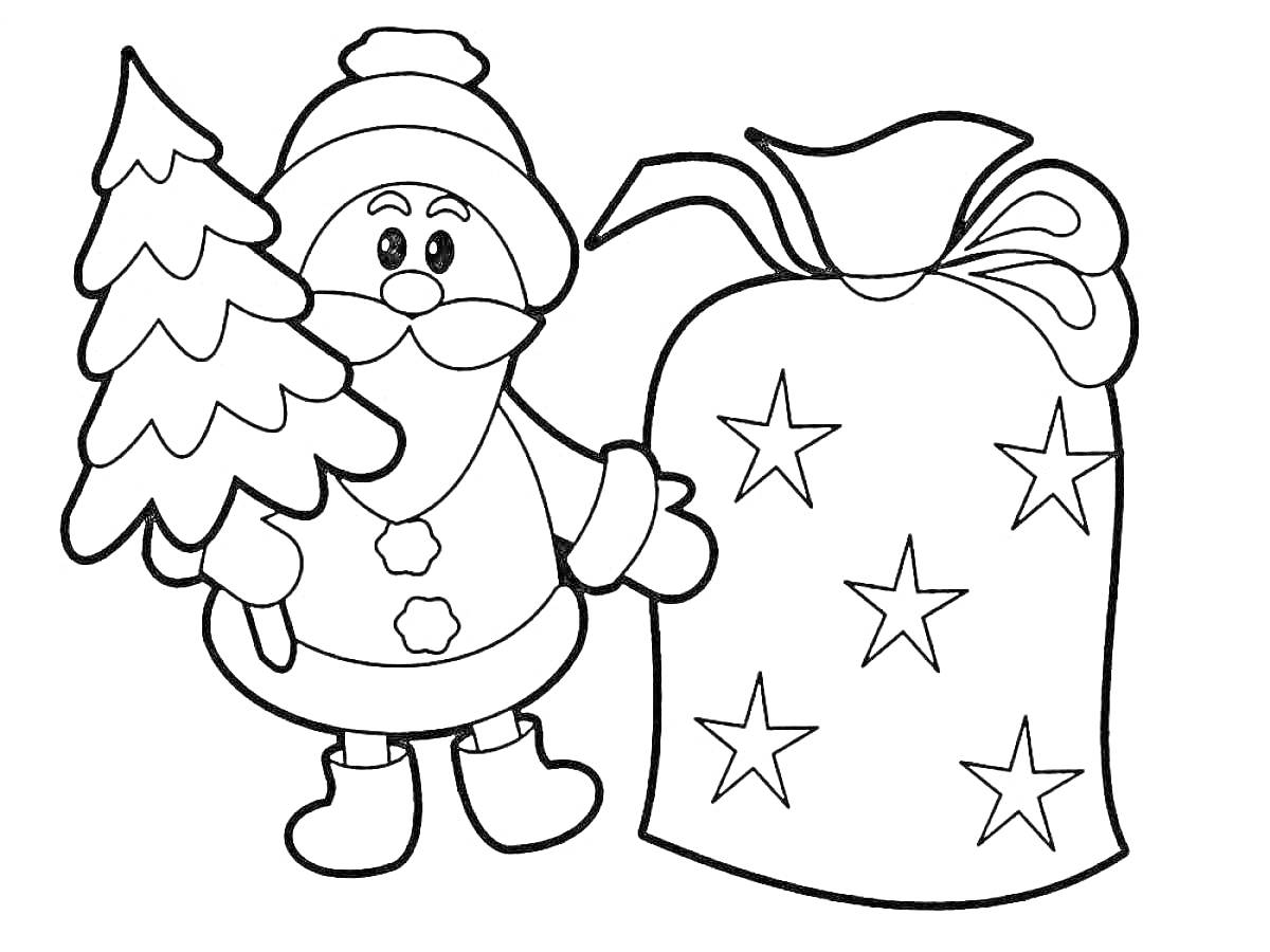 На раскраске изображено: Дед Мороз, Новый год, Звезды, Зима, Для детей, Елки, Мешок с подарками, Праздники