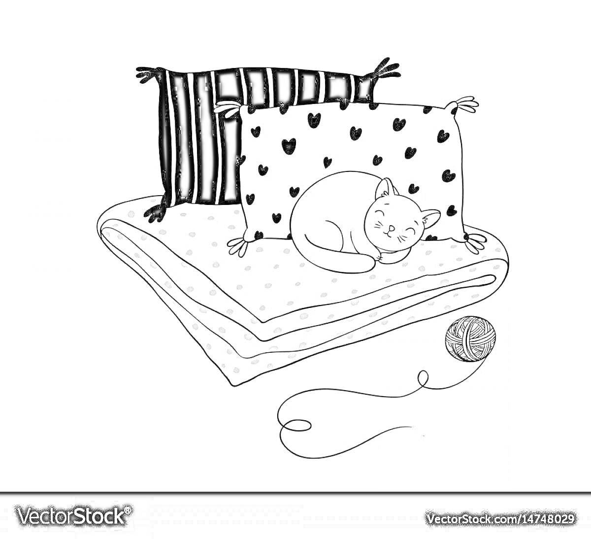 Раскраска Кот спящий на подушках и одеялах с клубком ниток