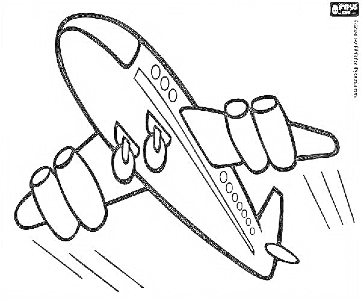 Раскраска Самолет с большими крыльями, иллюминаторами и двигателями