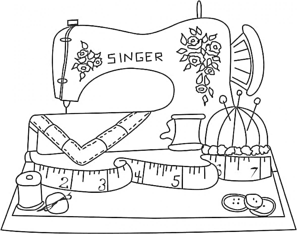 На раскраске изображено: Швейная машинка, Рукоделие, Шитье, Выкройка, Нитки, Игольница, Иголки, Пуговицы, Ножницы, Цветочный орнамент