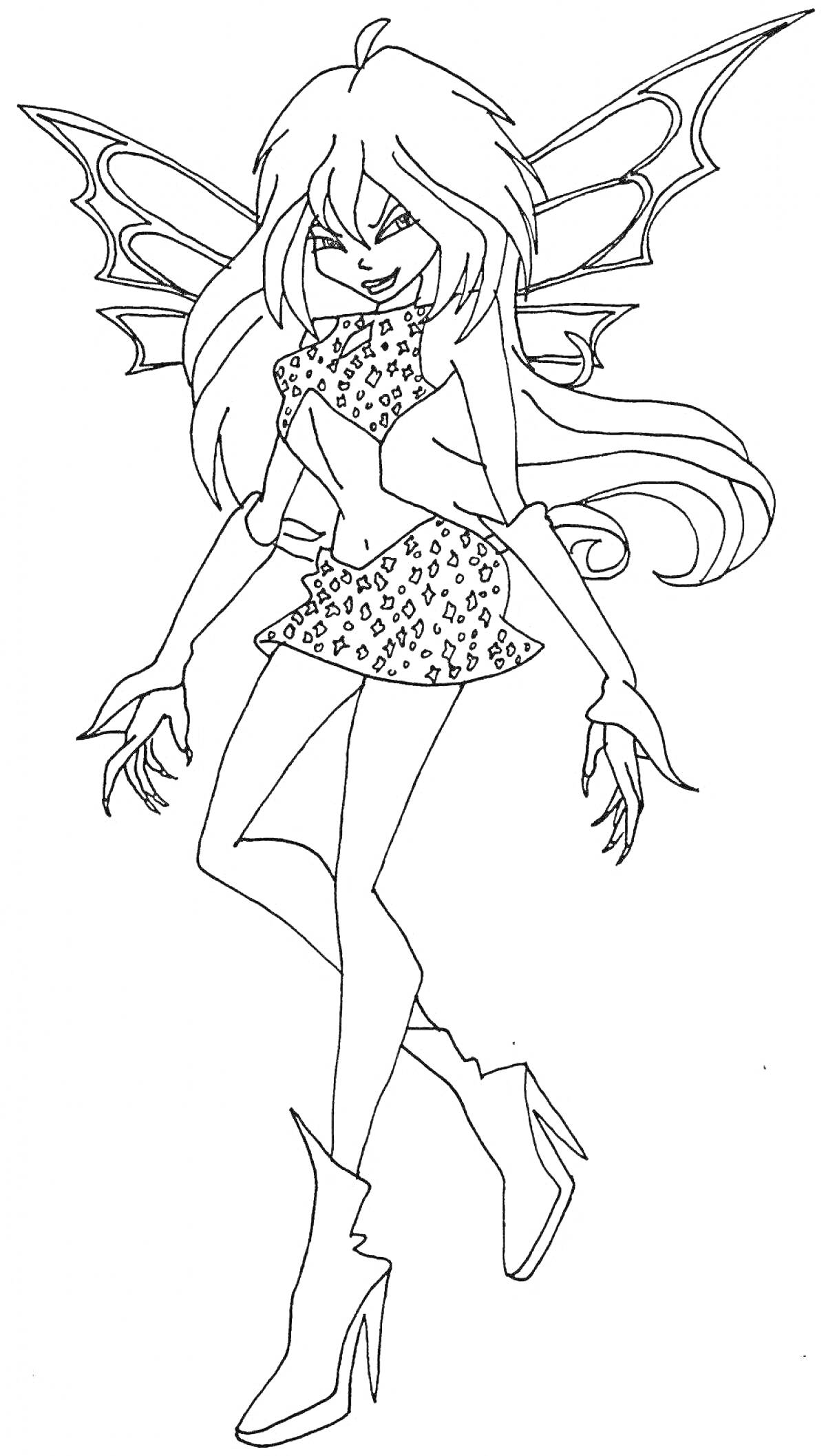 Раскраска Винкс флора чармикс с крыльями, в коротком платье с узором и сапогах
