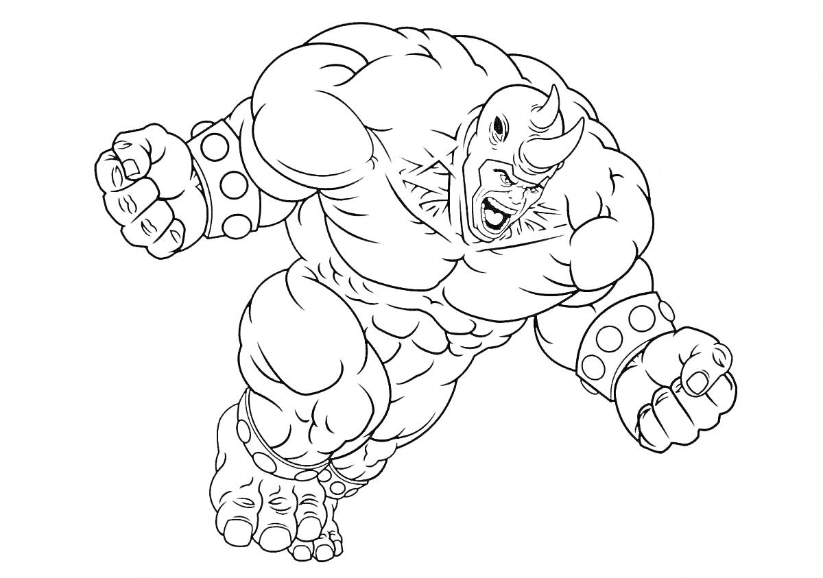 Мускулистый герой Марвел с головой носорога, браслетами с заклепками и согнутыми руками