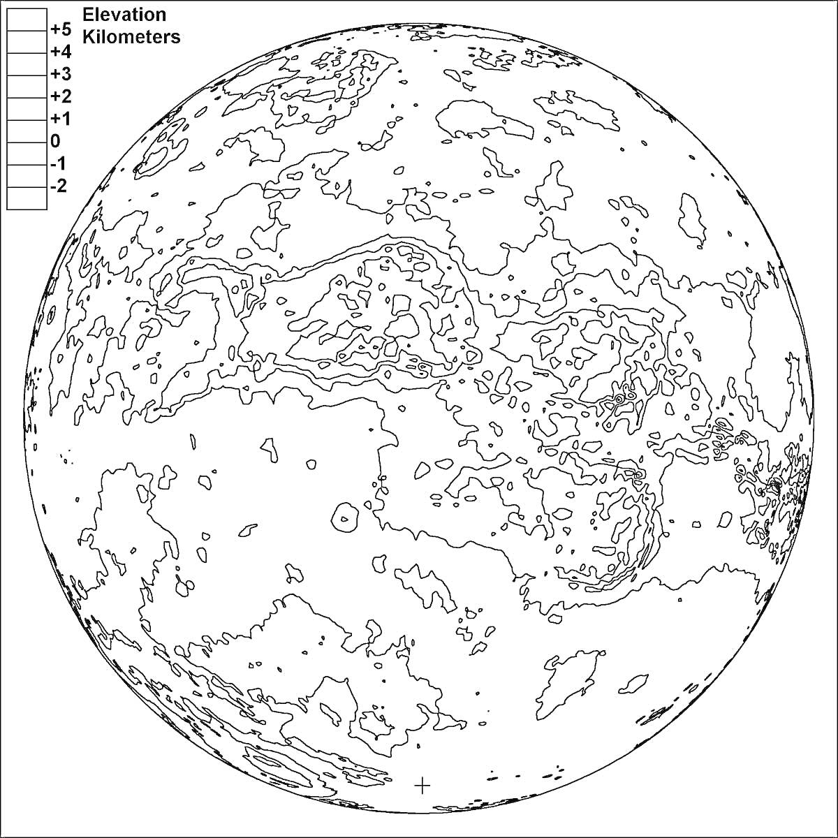 Раскраска Контурная карта высот поверхности Венеры с обозначением уровней высоты в километрах