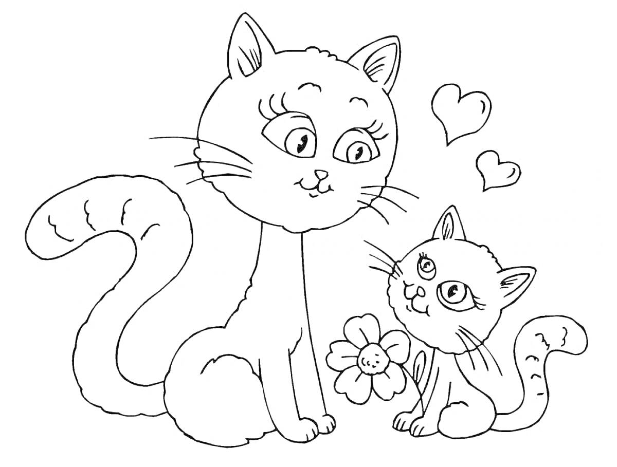 Раскраска Два котенка, большой и маленький, цветок, два сердечка