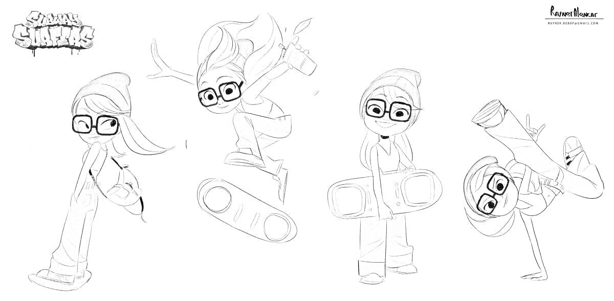 Раскраска Четыре персонажа из Сабвей Серф с скейтбордами и шапками