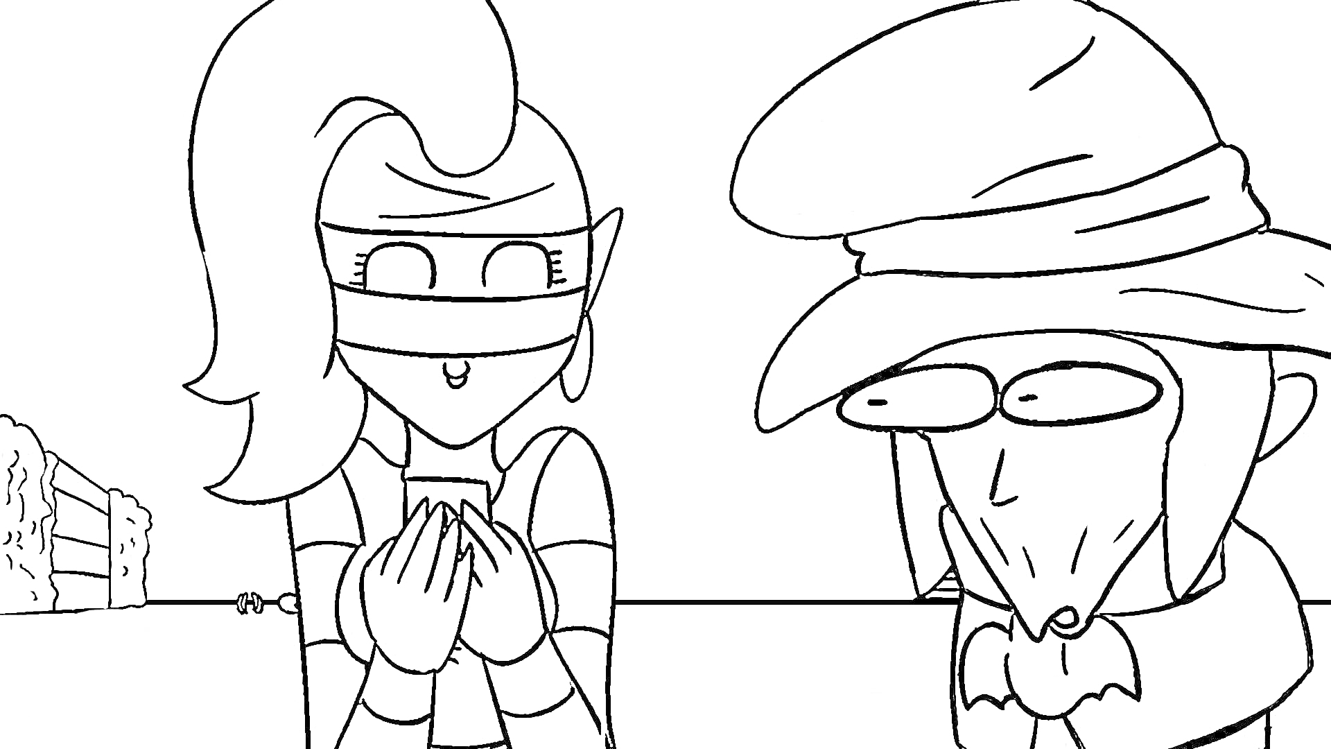 Раскраска Два героя рисуют стратегию, один в маске и с большими волосами, другой в шляпе с петушиным гребнем