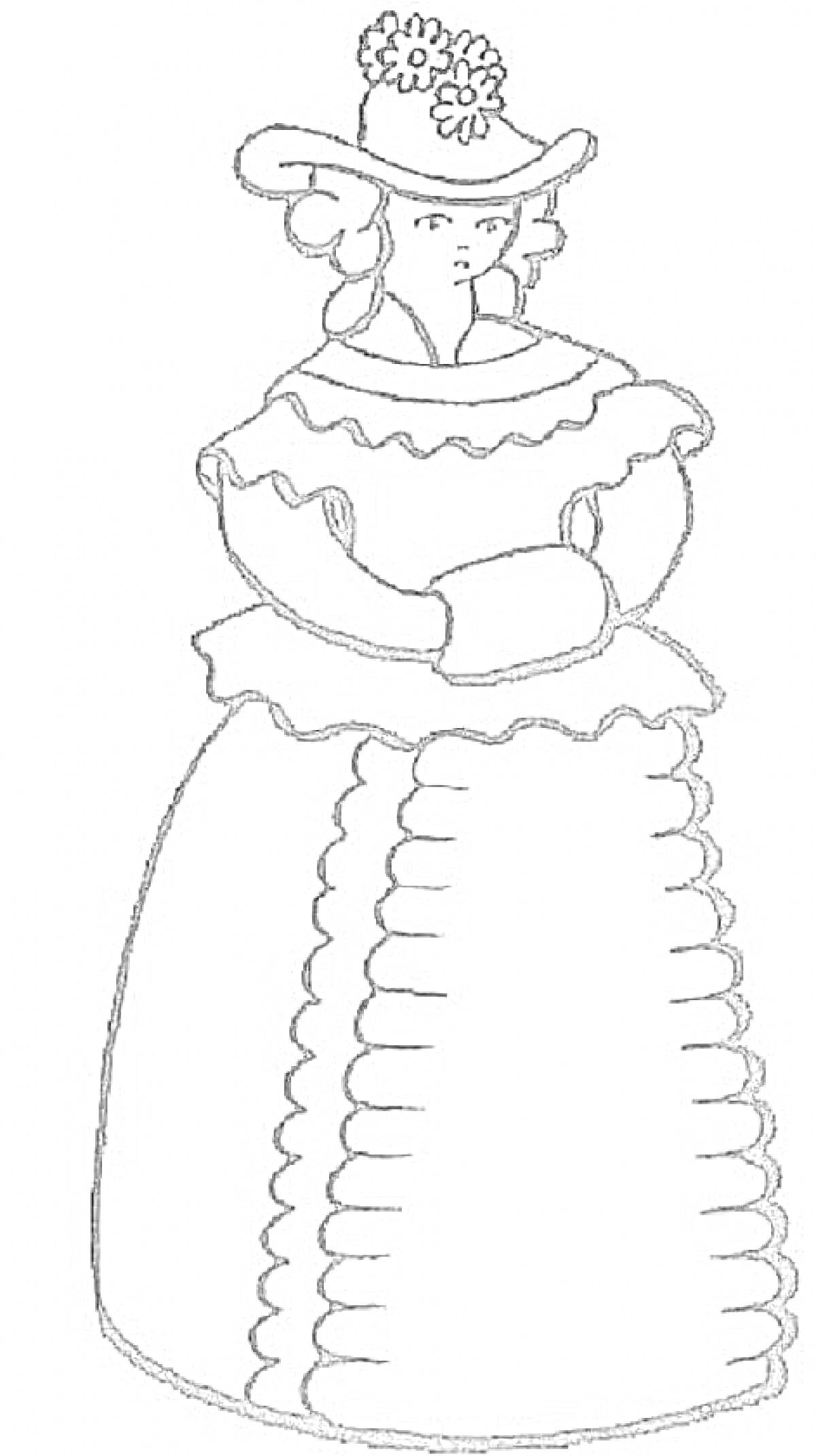 Раскраска Дымковская барышня в шляпе с цветами, в пышном платье с оборками и рукавами-фонариками