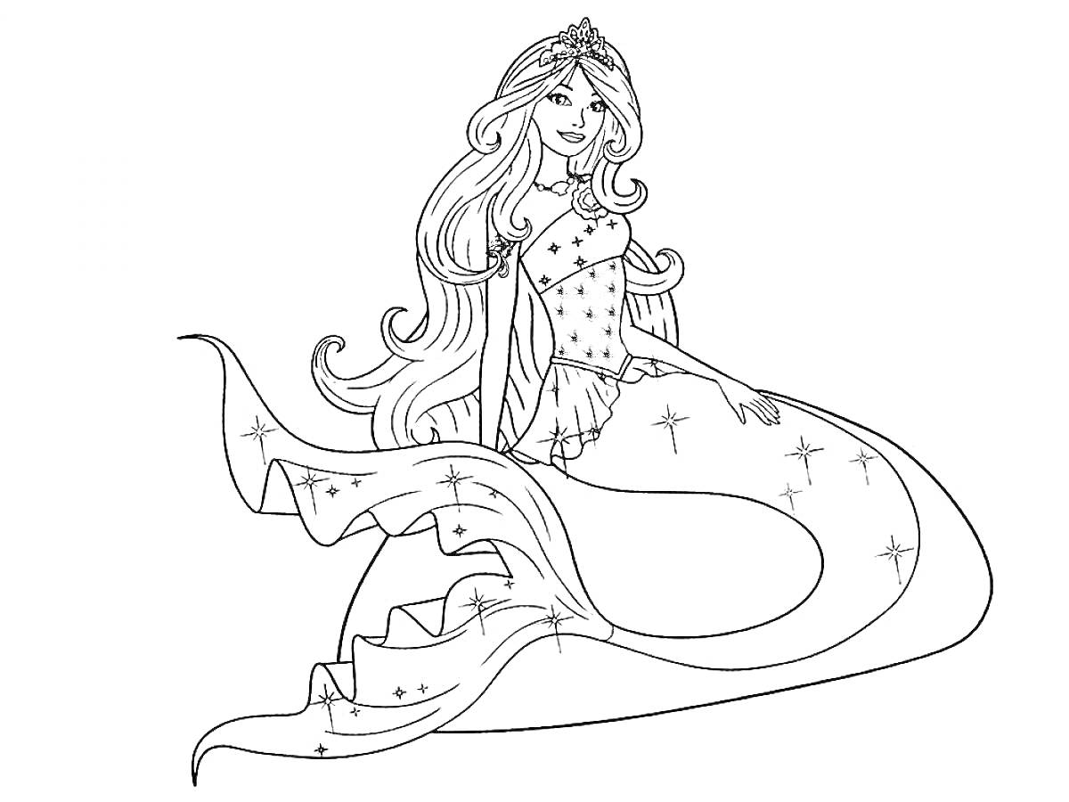 Раскраска Барби русалка с длинными волнистыми волосами, в короне и украшениях, в топе с короткими рукавами и длинным хвостом с рюшами и звездами