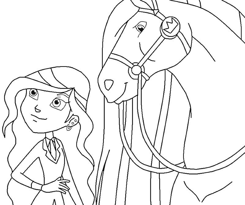 Раскраска Девочка с длинными волосами рядом с лошадью в уздечке