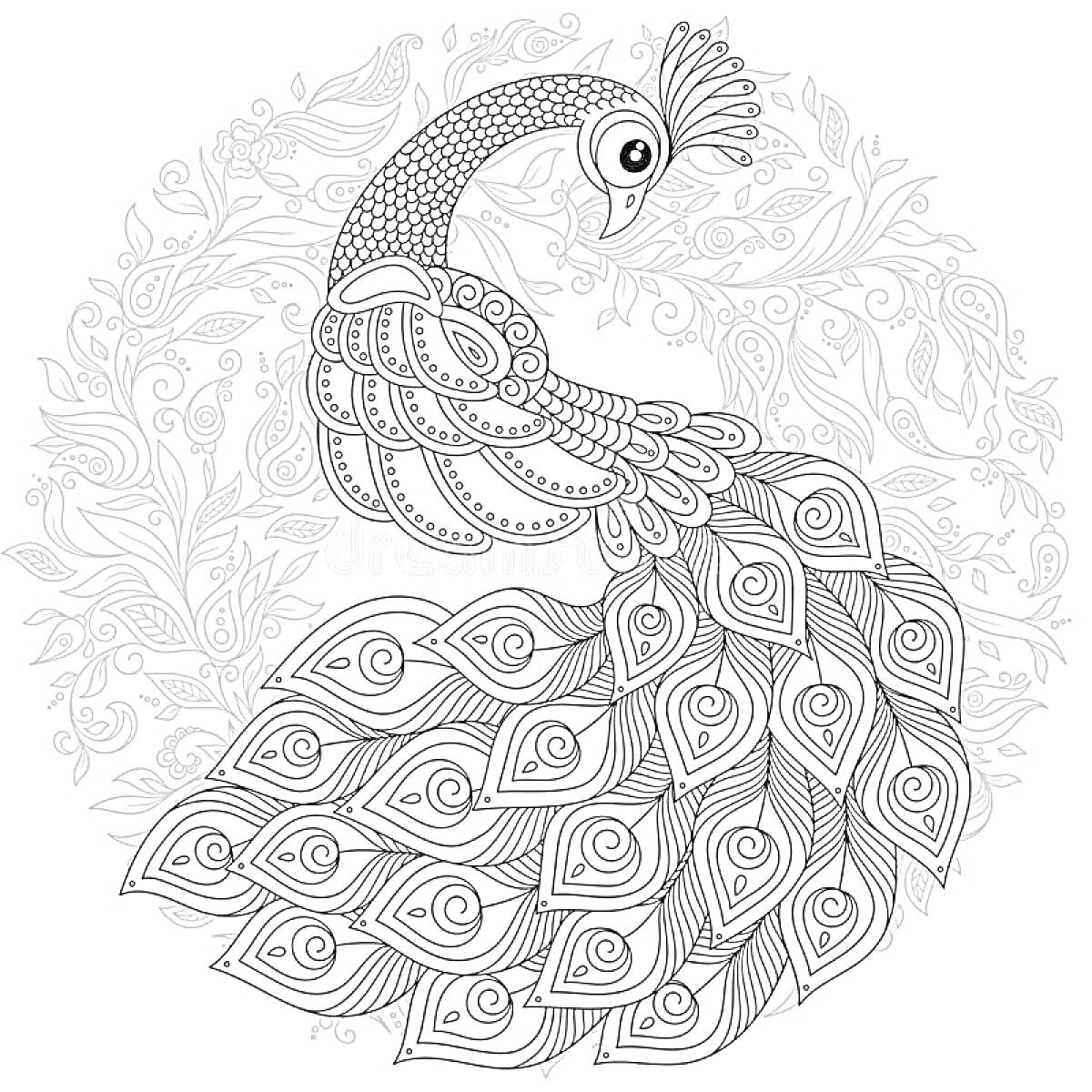 Раскраска Раскраска Антистресс Павлин с роскошным хвостом и цветочным орнаментом на заднем фоне