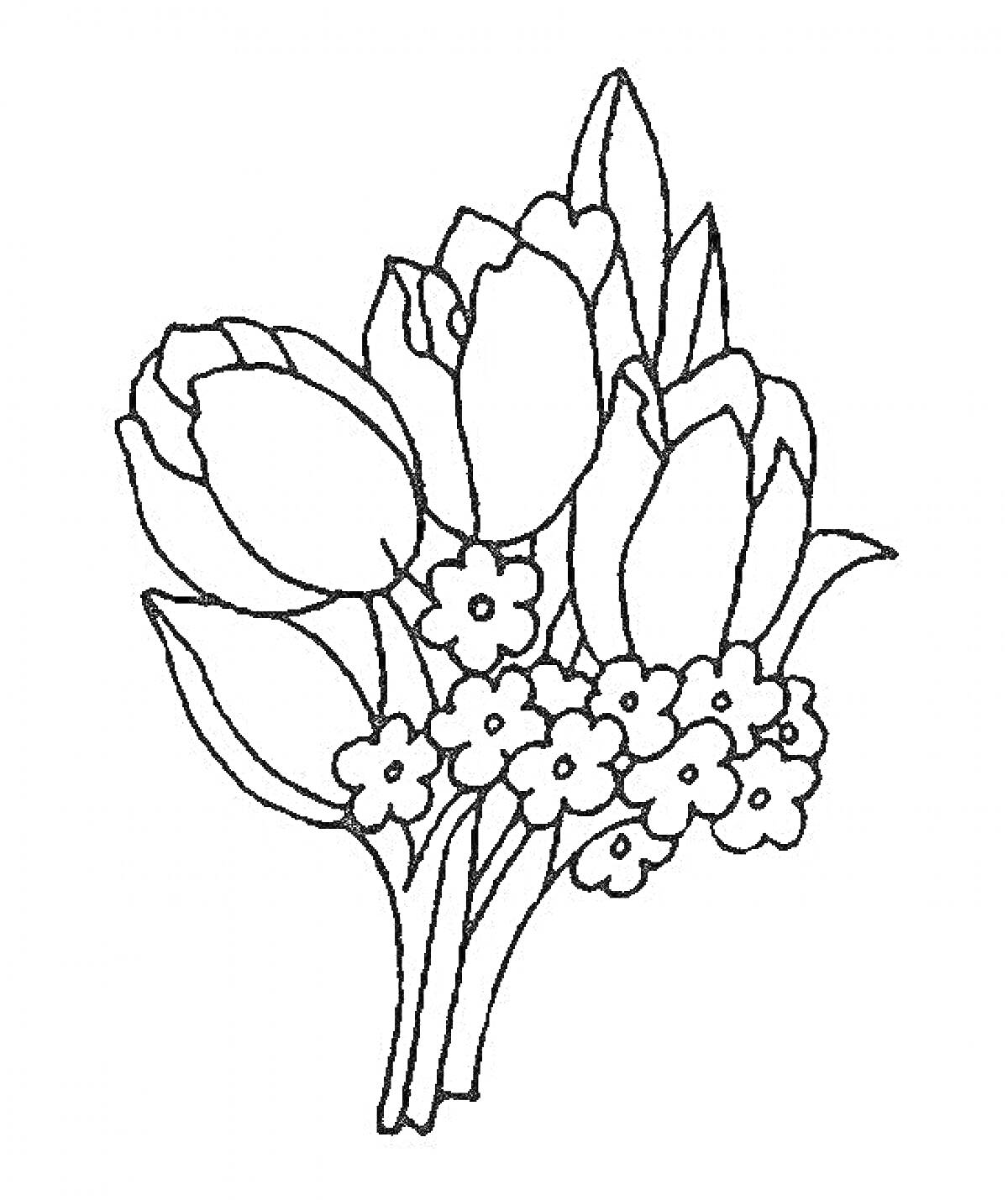 Раскраска Букет тюльпанов с небольшими цветами и листьями