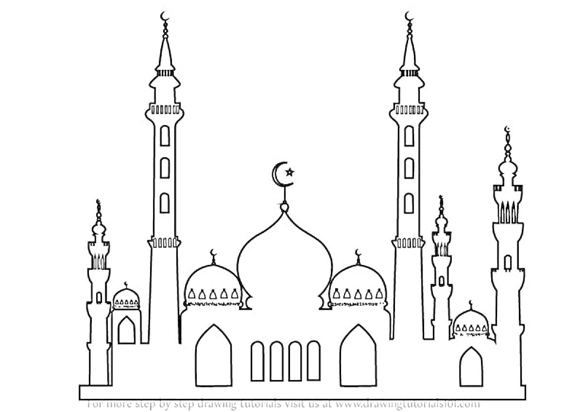 Раскраска Силуэт мечети с минаретами и куполами