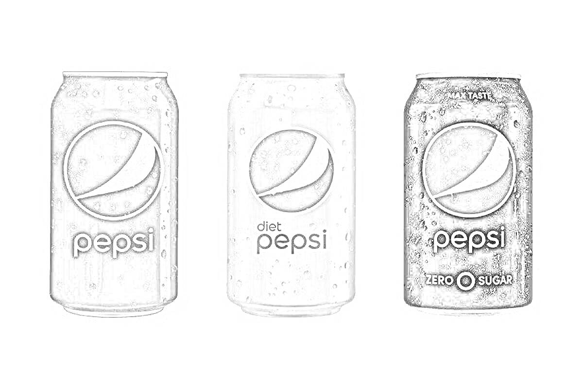 Раскраска Три банки Pepsi: обычная, диетическая и без сахара